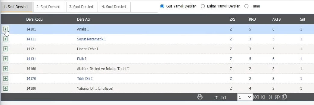 Ders ekleme ekranı - + butonu